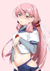 Rule 34 | 10s, 1girl, akashi (kancolle), bandana, blue skirt, blush, clothes lift, commentary request, green eyes, hair ribbon, hip vent, kantai collection, long hair, long sleeves, looking at viewer, mr.lostman, navel, open mouth, pink hair, pleated skirt, remodel (kantai collection), ribbon, school uniform, serafuku, shirt lift, skirt, solo, thighhighs, tress ribbon