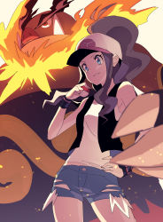 Rule 34 | 1girl, bare legs, baseball cap, black vest, blue eyes, breasts, brown hair, creatures (company), crossed arms, denim, denim shorts, emboar, fangs, fire, game freak, gen 5 pokemon, hand on own hip, hat, high ponytail, highres, hilda (pokemon), holding, hoyon, long hair, looking to the side, nintendo, poke ball, pokemon, pokemon (creature), pokemon bw, shirt, short shorts, shorts, sidelocks, simple background, size difference, smile, standing, thighs, very long hair, vest, white shirt, wide hips, wristband
