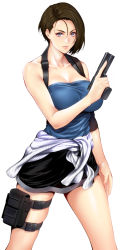 Rule 34 | 1girl, bare arms, bare shoulders, black skirt, blue eyes, blue tube top, breasts, brown hair, cleavage, clothes around waist, collarbone, commentary request, gun, handgun, highres, holding, holding gun, holding weapon, holster, jill valentine, large breasts, lips, looking at viewer, miniskirt, parted bangs, resident evil, resident evil 3, resident evil 3: nemesis, resident evil 3 (remake), shiny skin, short hair, simple background, skirt, solo, strapless, sweater, sweater around waist, thigh holster, trigger discipline, tube top, weapon, white background, zucchini