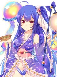 Rule 34 | 1girl, ahoge, blue bow, blue hair, bow, copyright request, food, gem, holding, holding plate, long hair, looking at viewer, navel, no pants, plate, red eyes, red gemstone, rento (rukeai), see-through, side ponytail, solo