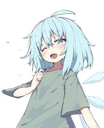 Rule 34 | 1girl, ahoge, blue eyes, blue hair, cirno, collar tug, commentary request, detached wings, fang, flying sweatdrops, green shirt, highres, ice, ice wings, kae karee, messy hair, no hair bow, no nose, one eye closed, open mouth, shirt, short sleeves, simple background, solo, sweat, nervous sweating, touhou, undershirt, upper body, white background, wings