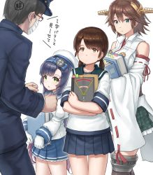 Rule 34 | 1boy, 3girls, blue eyes, blue skirt, brown eyes, brown hair, detached sleeves, flipped hair, green eyes, green skirt, hairband, hat, hayashi naoharu, headgear, hiei (kancolle), hiei kai ni (kancolle), highres, japanese clothes, kantai collection, long hair, long sleeves, low twintails, mask, matsuwa (kancolle), miniskirt, mouth mask, multiple girls, neckerchief, nontraditional miko, parted bangs, plaid, plaid skirt, pleated skirt, purple hair, ribbon-trimmed sleeves, ribbon trim, sailor hat, school uniform, serafuku, shirayuki (kancolle), short hair, short sleeves, short twintails, skirt, surgical mask, translation request, twintails, white headwear, wide sleeves
