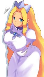 Rule 34 | 1girl, arms under breasts, blonde hair, blue eyes, blush, breast hold, breasts, covered erect nipples, crossed arms, dress, elbow gloves, female focus, gloves, highres, large breasts, leaning forward, long hair, mega man (series), mega man battle network, mega man battle network (series), mega man battle network 2, princess, princess pride (mega man), puffy sleeves, shoutaro saito, signature, simple background, smile, solo, tiara, very long hair, white background, white dress, white gloves