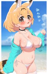 Rule 34 | 1girl, :3, animal ears, aqua jacket, beach, bell, bikini, black choker, blonde hair, blurry, blurry background, blush, border, breasts, choker, collarbone, extra ears, fang, hand up, highres, jacket, jingle bell, kemono friends, large breasts, looking at viewer, navel, neck bell, off shoulder, open clothes, open jacket, outside border, paw pose, ransusan, serval (kemono friends), short hair, side-tie bikini bottom, skindentation, solo, sweat, swimsuit, thighhighs, white bikini, white border, white thighhighs