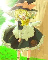 Rule 34 | 1girl, arm support, blonde hair, bow, bowtie, folded fan, closed eyes, hand fan, female focus, folding fan, hand on own knee, happy, hat, ica, kirisame marisa, lens flare, open mouth, sketch, smile, solo, touhou, witch hat