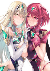 Rule 34 | 2girls, bare shoulders, black gloves, blonde hair, blush, breasts, chest jewel, cleavage cutout, clothing cutout, dress, dual persona, elbow gloves, female focus, fingerless gloves, gloves, inoue takuya (tactactak), large breasts, long hair, looking at viewer, matching hair/eyes, multiple girls, mythra (xenoblade), pyra (xenoblade), red eyes, red hair, short hair, smile, swept bangs, tiara, white dress, white gloves, xenoblade chronicles (series), xenoblade chronicles 2, yellow eyes