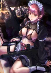 Rule 34 | 1girl, ankle strap, anti-materiel rifle, apron, ar-15, arm support, barrett m82, between breasts, black footwear, bra, breasts, candle, candlestand, cartridge, choker, closed mouth, couch, ear piercing, earrings, flower, frilled socks, frills, gun, gun sling, highres, holster, jewelry, long sleeves, looking at viewer, magazine (weapon), maid, maid day, maid headdress, medium breasts, nori (arara105), o-ring, o-ring choker, original, piercing, red eyes, red hair, rifle, scope, see-through, short hair, sidelocks, sitting, skirt, sniper rifle, socks, solo, string bra, table, thigh holster, underwear, vase, waist apron, wariza, weapon, weapon request, white flower, wooden table