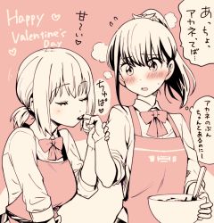 Rule 34 | 2girls, alternate hairstyle, apron, blush, bow, bowl, bowtie, chocolate, closed eyes, collared shirt, commentary request, english text, finger kiss, flustered, flying sweatdrops, food on hand, gridman universe, happy valentine, holding, holding another&#039;s wrist, holding bowl, kiss, long hair, looking at breasts, monochrome, multiple girls, niina ryou, open mouth, ponytail, shinjou akane, shirt, sleeves rolled up, ssss.gridman, steam, takarada rikka, thought bubble, translation request, upper body, valentine, yuri