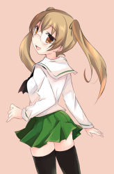 Rule 34 | 10s, 1girl, abenattou, back, bad id, bad pixiv id, black thighhighs, blush, brown eyes, brown hair, from behind, girls und panzer, glasses, green skirt, hair ribbon, long hair, long sleeves, looking at viewer, looking back, miniskirt, neckerchief, ooarai school uniform, oono aya, pink background, pleated skirt, ribbon, school uniform, serafuku, simple background, skirt, smile, solo, standing, thighhighs, twintails