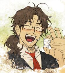 Rule 34 | 1boy, brown hair, cigarette, cup, drinking glass, drunk, facial hair, glasses, gregor (project moon), happy, kuppa rkgk, limbus company, male focus, necktie, open mouth, ponytail, project moon, shirt, shot glass, smile, solo, vest