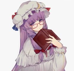 Rule 34 | 1girl, :&lt;, absurdres, bespectacled, blue ribbon, blunt bangs, blush, book, bow, closed mouth, commentary, crescent, crescent hat ornament, dress, frilled sleeves, frills, glasses, hair bow, hat, hat ornament, hat ribbon, highres, holding, holding book, long hair, long sleeves, looking at viewer, mob cap, open book, patchouli knowledge, purple eyes, purple hair, red-framed eyewear, red bow, red ribbon, ribbon, sidelocks, simple background, sketch, solo, touhou, upper body, very long hair, white background, white dress, white hat, yuishironeko, ||/