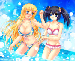 Rule 34 | 2girls, bad id, bad pixiv id, bikini, bikini skirt, black hair, blonde hair, blue eyes, blush, breasts, cleavage, cloud, covered erect nipples, day, frilled bikini, frills, front-tie top, hair ornament, large breasts, light smile, long hair, looking back, multiple girls, navel, open mouth, original, outdoors, partially submerged, shiny skin, side-tie bikini bottom, sky, swimsuit, thigh gap, thighs, twintails, untied, wading, water, yaoto
