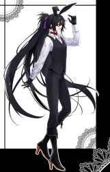 Rule 34 | 1boy, androgynous, animal ears, belt, black belt, black gloves, black hair, black sclera, black vest, boots, choker, collared shirt, colored sclera, formal, gloves, high heel boots, high heels, highres, leotard, long hair, looking at viewer, open mouth, original, playboy bunny, ponytail, purple ribbon, rabbit ears, red choker, red eyes, ribbon, shirt, simple background, sleeve cuffs, suit, vest, waka (shark waka)