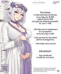 Rule 34 | 1girl, alternate costume, big belly, breasts, cleavage, flower, girls&#039; frontline, grey hair, hair flower, hair ornament, hands on own stomach, j adsen, jewelry, large breasts, long sleeves, looking at viewer, mature female, mixed-language commentary, pregnant, purple eyes, purple flower, ring, rpk-16 (girls&#039; frontline), short hair, smile, solo