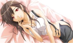 Rule 34 | 1990s (style), 1girl, bed, covered erect nipples, final fantasy, final fantasy vii, looking at viewer, lying, mmm-cel, navel, red eyes, solo, suspenders, tank top, tifa lockhart, undone