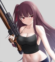 Rule 34 | 1girl, bare arms, bare shoulders, black shirt, breasts, bullpup, camisole, cleavage, collarbone, crop top, denim, frown, girls&#039; frontline, groin, gun, hair ribbon, halterneck, highres, holding, holding gun, holding weapon, keenh, large breasts, long hair, midriff, name connection, navel, object namesake, one side up, purple hair, red eyes, ribbon, rifle, scope, shirt, sleeveless, sleeveless shirt, sniper rifle, solo, spaghetti strap, stomach, strap gap, trigger discipline, upper body, v-shaped eyebrows, wa2000 (girls&#039; frontline), walther, walther wa 2000, weapon