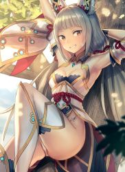Rule 34 | 1girl, absurdres, anbe yoshirou, animal ears, armpits, bare shoulders, bell, blunt bangs, cat ears, detached sleeves, forest, gloves, grin, hair ribbon, highres, leotard, long hair, low twintails, nature, nia (blade) (xenoblade), nia (xenoblade), nintendo, niyah, open mouth, outdoors, ribbon, silver hair, smile, solo, spoilers, thighs, twintails, white gloves, white legwear, xenoblade chronicles (series), xenoblade chronicles 2, yellow eyes, yellow ribbon