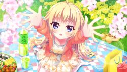 Rule 34 | 1girl, ahoge, animal print, bag, blanket, blonde hair, blue eyes, butterfly print, cherry blossoms, collarbone, cup, dot nose, dress, film grain, flower, food, food request, from above, game cg, grass, hair down, hanami, handbag, ice, ice cube, itsumura haruka, izumi tsubasu, jacket, lens flare, non-web source, official art, onigiri, open mouth, orange jacket, outdoors, outstretched arms, picnic, plastic bottle, print dress, re:stage!, reaching, reaching towards viewer, shoes, unworn shoes, sitting, solo, sparkle, thighhighs, wariza, white thighhighs, yellow bag, yellow dress, yellow flower, yellow footwear