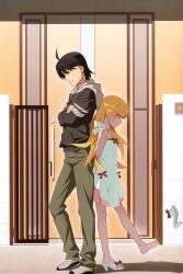 1boy 1girl ahoge araragi_koyomi artist_request black_hair blonde_hair door dress highres jacket lying monogatari_(series) official_art on_back oshino_shinobu third-party_source vampire