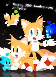 Rule 34 | 2boys, :d, anniversary, black eyes, blue eyes, box, chao (sonic), dual persona, fang, floating, fox boy, furry, furry male, gift, gift box, gloves, happy birthday, highres, kuwa kanou, male focus, multiple boys, multiple tails, open mouth, shoes, smile, snout, sonic (series), sonic the hedgehog (classic), sonic the hedgehog 2, tail, tails (sonic), two tails, white gloves