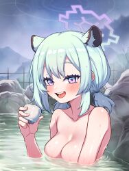 Rule 34 | 1girl, animal ears, blue archive, blush, breasts, cleanerjay, cleavage, collarbone, cup, fingernails, green hair, halo, highres, holding, holding cup, medium breasts, medium hair, night, onsen, open mouth, outdoors, partially submerged, purple eyes, purple halo, shigure (blue archive), shigure (hot spring) (blue archive), smile, solo, water, weasel ears, wet