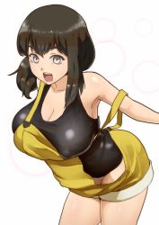 Rule 34 | 10s, 1girl, armpits, breasts, brown eyes, brown hair, cleavage, collarbone, female focus, gatchaman crowds, ichinose hajime, large breasts, leaning forward, looking at viewer, nishiumi rin, open mouth, overalls, shirt, simple background, solo, strap slip, taut clothes, taut shirt