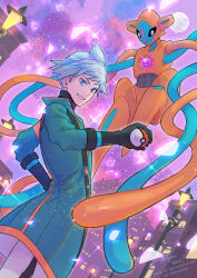 Rule 34 | 1boy, black gloves, blue eyes, blue hair, chon chiyon, coat, commentary request, creatures (company), deoxys, from below, game freak, gen 3 pokemon, gloves, green coat, grin, hand on own hip, highres, holding, holding poke ball, lamppost, mythical pokemon, nintendo, official alternate costume, outdoors, poke ball, poke ball (basic), pokemon, pokemon (creature), pokemon masters ex, short hair, smile, spiked hair, steven stone, steven stone (sygna suit), teeth