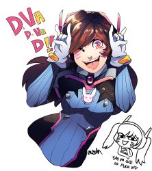 Rule 34 | 1girl, armor, bodysuit, breasts, brown hair, character name, chibi, d.va (overwatch), double m/, dual persona, facial mark, female focus, gloves, headgear, headphones, headset, long hair, love live!, love live! school idol project, m/, nico nico nii, onsta, overwatch, overwatch 1, parody, pauldrons, pilot suit, plugsuit, profanity, rabbit, shoulder armor, signature, skin tight, small breasts, smile, solo, sparkling eyes, transparent background, twintails, whisker markings, white gloves, yazawa nico