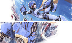 Rule 34 | 1boy, air man, android, armor, armored boots, battle, bodysuit, boots, brown hair, building, capcom, cityscape, falling, from side, helmet, kurkoboltsi, machinery, male focus, mega man (character), mega man (classic), mega man (series), outdoors, sweatdrop