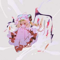 Rule 34 | 1girl, :|, blonde hair, closed mouth, crystal, flandre scarlet, frills, hair between eyes, hands on own knees, hat, hat ribbon, highres, knees up, looking at viewer, medium hair, mob cap, nail polish, one side up, red eyes, red nails, red ribbon, red skirt, ribbon, shoes, sitting, skirt, sobamushi mo, socks, solo, touhou, white hat, white socks, wings