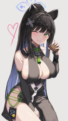 Rule 34 | 1girl, ;), animal ear fluff, bare shoulders, black dress, blue archive, blue hair, blush, breasts, bridal gauntlets, candy, chocolate, chocolate heart, cleavage, cleavage cutout, clothing cutout, collarbone, colored inner hair, dress, food, green eyes, grey background, halo, heart, highres, jamgom, large breasts, long hair, looking at viewer, multicolored hair, one eye closed, pelvic curtain, ponytail, shun (blue archive), sidelocks, simple background, sitting, smile, solo, very long hair
