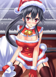 Rule 34 | 10s, 1girl, :p, bag, bell, black hair, blush, breasts, cleavage, female focus, garter straps, gloves, hat, highres, kantai collection, kyamu (qqea92z9n), large breasts, long hair, looking at viewer, miniskirt, ponytail, red eyes, santa costume, santa hat, sitting, skirt, snow, solo, thighhighs, tongue, tongue out, wariza, yahagi (kancolle), zettai ryouiki