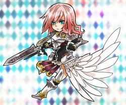 Rule 34 | 10s, 1girl, armor, artist request, blue eyes, final fantasy, final fantasy xiii, final fantasy xiii-2, lightning farron, lowres, pink hair, pteruges, solo, source request, sword, weapon