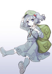 Rule 34 | 1girl, backpack, bag, blue eyes, blue footwear, blue hair, blue shirt, blue skirt, boots, closed mouth, commentary request, full body, gradient background, green hat, grey background, hair bobbles, hair ornament, hat, ikamagu, kawashiro nitori, key, long sleeves, looking at viewer, mob cap, parted lips, pocket, rubber boots, shirt, skirt, solo, touhou, two side up