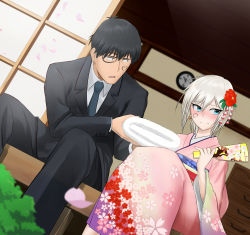 Rule 34 | 1boy, 1girl, anastasia (idolmaster), architecture, aru (jr0405), black hair, blue eyes, blush, business suit, cherry blossoms, clock, commentary request, drawer, east asian architecture, facepaint, floral print, formal, hagoita, hair ornament, hanetsuki, heart, highres, holding, holding towel, idolmaster, idolmaster cinderella girls, ink, ink on face, japanese clothes, kimono, looking away, obi, open mouth, paddle, petals, producer (idolmaster), producer (idolmaster cinderella girls anime), religious offering, sash, short hair, silver hair, sitting, suit, towel