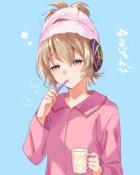 Rule 34 | 1girl, blue background, blush, brown eyes, buttons, cup, earmuffs, hair between eyes, holding, holding cup, holding toothbrush, light brown hair, long sleeves, makuwauri, pajamas, short hair, simple background, solo, toothbrush, toothbrush in mouth, touhou, towel, towel on head, toyosatomimi no miko, upper body