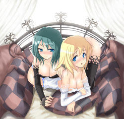Rule 34 | 2girls, :d, bed, bed sheet, blonde hair, blue eyes, breasts, cleavage, curtains, downblouse, elbow gloves, gloves, green hair, hanging breasts, large breasts, looking at viewer, lying, multiple girls, on bed, on stomach, open mouth, original, shima-shuu, short hair, simple background, smile, white background