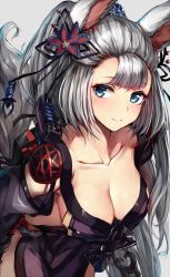 Rule 34 | 10s, 1girl, animal ears, blush, box, breasts, cleavage, closed mouth, collarbone, cowboy shot, detached sleeves, erune, eyelashes, flower, fox ears, fox tail, gift, gift box, granblue fantasy, hair flower, hair ornament, hair stick, highres, holding, holding behind back, japanese clothes, kimono, large breasts, leaning forward, long hair, long sleeves, looking at viewer, purple kimono, red ribbon, ribbon, shiny skin, silver hair, sleeveless, sleeveless kimono, smile, societte (granblue fantasy), solo, tail, tareme, valentine, very long hair, watao