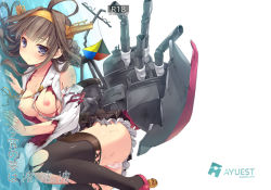 Rule 34 | 10s, 1girl, ahoge, bankoku ayuya, bare shoulders, blush, breasts, brown hair, cannon, cover, cover page, detached sleeves, double bun, frilled skirt, frills, hairband, headgear, japanese clothes, kantai collection, kongou (kancolle), long hair, lying, nipples, nontraditional miko, panties, pantyshot, personification, skirt, solo, thighhighs, torn clothes, underwear