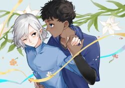 Rule 34 | 2boys, bags under eyes, behind another, black eyes, black hair, blue eyes, blue hoodie, curly hair, dark-skinned male, dark skin, dungeon meshi, elf, floral background, flower, grey hair, high collar, highres, holding hands, hood, hoodie, kabru, komuchi, long sleeves, looking at another, male focus, mithrun, multiple boys, notched ear, one eye closed, parted lips, pointy ears, short hair, tunic, wavy hair, yaoi