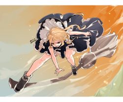 Rule 34 | &gt;:d, 1girl, :d, ankle boots, bad id, bad twitter id, blonde hair, bloomers, boots, braid, broom, broom surfing, commentary, dated, dress, full body, gotou (nekocat), hat, hat flying off, highres, kirisame marisa, legs, long hair, looking at viewer, messy hair, open mouth, puffy short sleeves, puffy sleeves, short sleeves, side braid, single braid, smile, solo, touhou, underwear, v-shaped eyebrows, wind, witch hat, yellow eyes