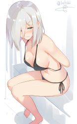 Rule 34 | 10s, 1girl, arms behind back, artist name, bare arms, bare legs, bare shoulders, barefoot, bikini, black bikini, black ribbon, blue eyes, blush, breasts, cleavage, closed mouth, collarbone, from side, frown, hair ornament, hair over one eye, hairclip, hamakaze (kancolle), isshiki (ffmania7), kantai collection, large breasts, leaning forward, looking to the side, ribbon, side-tie bikini bottom, signature, silver hair, sitting, solo, swimsuit, tying, untied bikini, wavy mouth