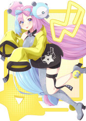 Rule 34 | 1girl, absurdres, aqua hair, bike shorts, blush, boots, bow-shaped hair, breasts, character hair ornament, closed mouth, commentary request, creatures (company), game freak, grey footwear, grey vest, hair ornament, high heel boots, high heels, highres, iono (pokemon), jacket, long hair, long sleeves, looking at viewer, medium breasts, multicolored hair, nintendo, pink hair, pokemon, pokemon sv, sleeves past fingers, sleeves past wrists, smile, solo, ssaaggwwaa, star (symbol), star print, thigh strap, tongue, tongue out, twintails, two-tone hair, vest, yellow jacket