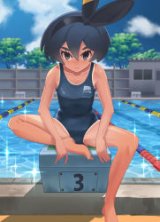 Rule 34 | 1girl, alternate costume, alternate hair color, bare arms, bare legs, barefoot, bea (pokemon), black hairband, blue one-piece swimsuit, bow hairband, closed mouth, cloud, collarbone, commentary request, creatures (company), day, eyelashes, game freak, grey eyes, grey one-piece swimsuit, hair between eyes, hairband, highres, knees, lane line, legs, looking at viewer, nintendo, niwa tuki, one-piece swimsuit, outdoors, pokemon, pokemon swsh, pool, shiny skin, short hair, sitting, sky, smile, solo, sparkle, spread legs, swimsuit, toes, water