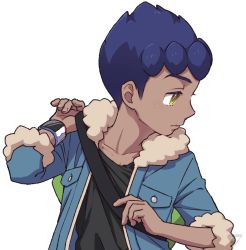 Rule 34 | 1boy, bad id, bad twitter id, bag, black shirt, blue jacket, buttons, closed mouth, collarbone, commentary request, creatures (company), dark-skinned male, dark skin, duffel bag, fur-trimmed jacket, fur trim, game freak, green bag, highres, holding strap, hop (pokemon), jacket, looking to the side, male focus, nintendo, open clothes, open jacket, pokemon, pokemon swsh, sankaku, shirt, short hair, solo, yellow eyes