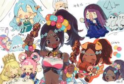 Rule 34 | 6+girls, alear (female) (fire emblem), alear (fire emblem), black hair, blonde hair, blue hair, blush, celeste67491740, celine (fire emblem), chibi, chloe (fire emblem), closed eyes, crop top, crown, dark-skinned female, dark skin, dress, female focus, fire emblem, fire emblem engage, food, ghost costume, holding, holding food, hortensia (fire emblem), ivy (fire emblem), jewelry, long hair, midriff, multiple girls, navel, necklace, nintendo, open mouth, pink eyes, pink hair, ponytail, purple hair, siblings, sisters, smile, timerra (fire emblem)