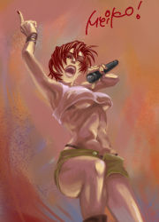 Rule 34 | 1girl, breasts, choux (artist), female focus, large breasts, meiko (vocaloid), microphone, midriff, navel, one eye closed, open mouth, red hair, short hair, shorts, solo, underboob, vocaloid, wink