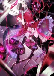 Rule 34 | 10s, 1girl, arcade, arcade cabinet, bad id, bad pixiv id, bare shoulders, black thighhighs, boots, broken glass, chain, dance dance revolution, dance pad, dancing, detached sleeves, food, foreshortening, glass, grin, highres, jojotaro, mahou shoujo madoka magica, mahou shoujo madoka magica (anime), outstretched arms, playing games, pocky, polearm, red eyes, red hair, sakura kyoko, smile, solo, spear, spread arms, thighhighs, tiptoes, weapon