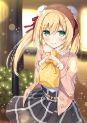 Rule 34 | 1girl, anzu (sumisaki yuzuna), bad id, bad pixiv id, bag, black skirt, blonde hair, blush, closed mouth, day, double bun, gift, gift bag, green eyes, hair between eyes, hair bun, hair ribbon, half-closed eyes, hands up, high-waist skirt, holding, holding bag, holding gift, jacket, looking at viewer, open clothes, open jacket, original, outdoors, plaid, plaid skirt, red ribbon, ribbon, sidelocks, skirt, smile, solo, sparkle, sumisaki yuzuna, twintails