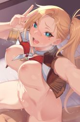 Rule 34 | 1boy, 1girl, :d, aqua eyes, blonde hair, blush, bottomless, bouncing breasts, breasts, calamity jane (fate), commentary request, cowgirl position, earrings, facial tattoo, fate/grand order, fate (series), girl on top, hetero, highres, hikichi sakuya, hoop earrings, jewelry, large breasts, long hair, looking at viewer, nipples, open mouth, ponytail, sex, smile, solo focus, star tattoo, straddling, sweat, tattoo, v